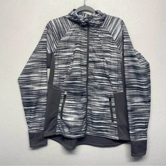 MARMOT Womens Sz XL Muse Running Lightweight Jacket Grey Striped Hooded - Picture 1 of 8